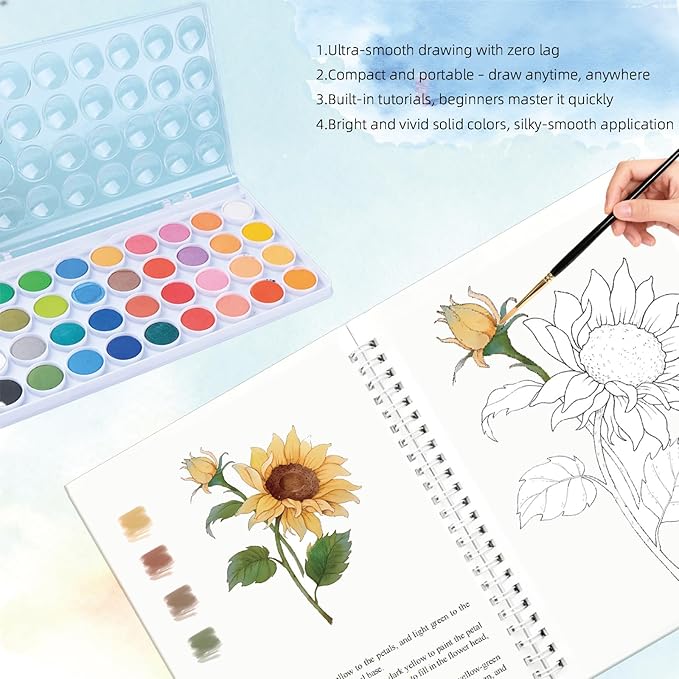 Watercolor Workbook,36 Colors Water Coloring Book, Watercolor Paint Set Portable with 2 Paint Brush,15 Beautiful Paintings for Beginners