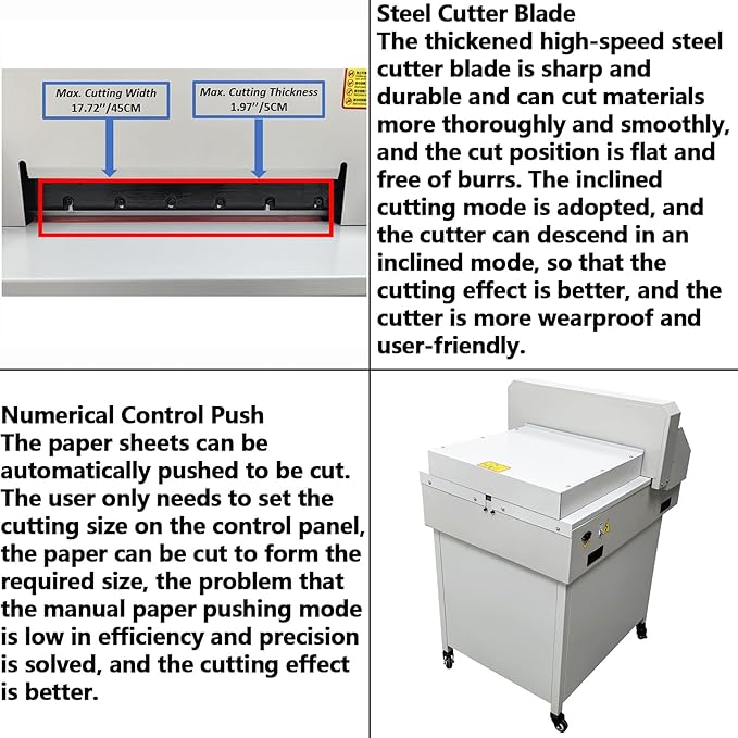 Electric Numerical Control Paper Cutter 17.72'' Automatic Guillotine Paper Trimmer Heavy Duty Commercial Cutting Machine Max Cutting Thickness 1.97''/5cm 110V 750W