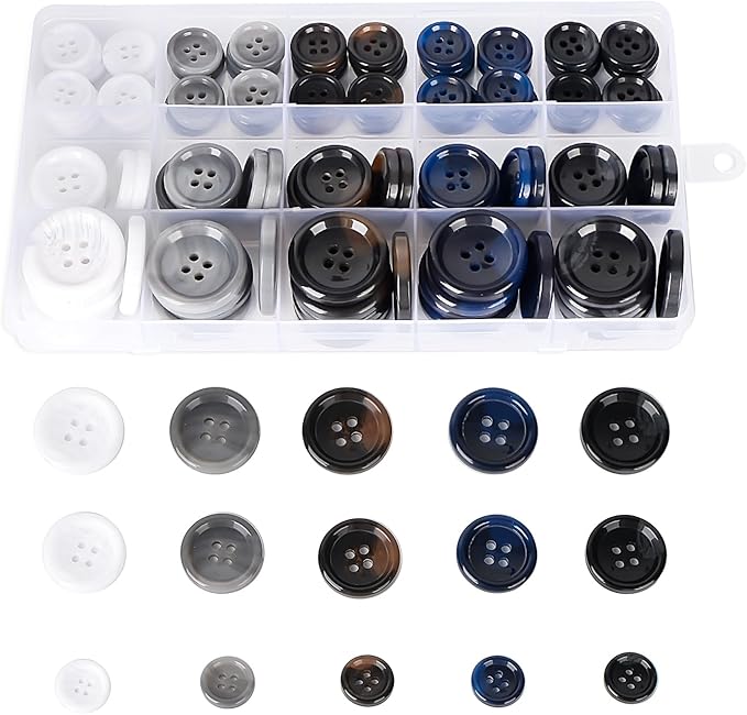 110Pcs Mixed Sewing Buttons, 4-Hole Craft Round, 5 Color 3 Size(15mm,20mm,25mm) Suit Coats Blazer Resin Button, Suitable for Variety Clothing Sewing, DIY Craft (White,Grey, Brown,Blue, Black)