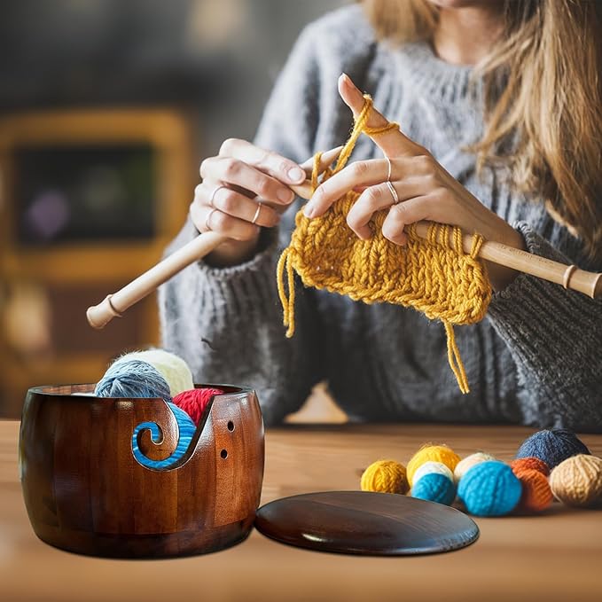Wood Yarn Bowl with Lid, Crochet Bowls for Yarn,Knitting Yarn Bowl with Holes Storage,Yarn Holder Bowl for Crocheting and Knitting 7X4in,Knitting Bowl for Handmade Crocheting Accessories