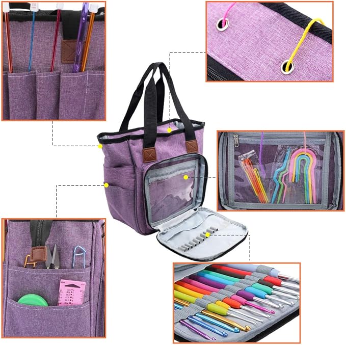 SumDirect Yarn Bag, Knitting Organizer Tote Bag Portable Storage Bag for Yarns, Carrying Projects, Knitting Needles, Crochet Hooks, Manuals and Other Accessories (Purple)