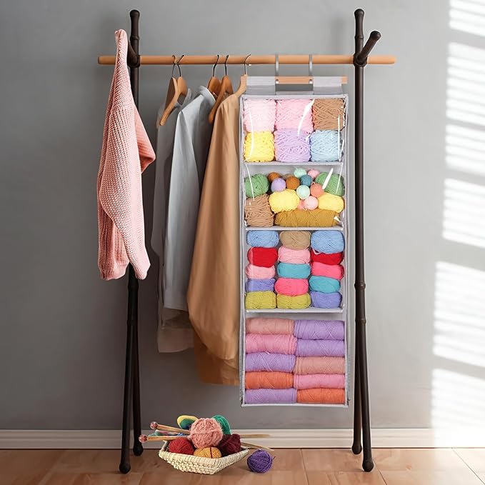 Yarn Storage Organizer with 4 Large Pockets, Clear Yarn Organizer and Storage with Zippers for Crochet Lovers, Hanging Yarn Storage with Over-Door Hooks for Knitting Needles Crochet Hooks