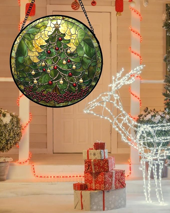 Stained Glass Window Hanging - Retro Green Christmas Tree Suncatcher for Doors Home Christmas Decoration Sun Catcher Thanksgiving New Year Birthday Gifts for Women Men Mom Nana 6.3 in