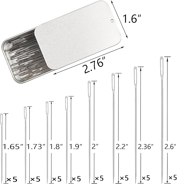 40PCS Large Eye Sewing Needles, 8 Sizes Hand Sewing Sharp Needles, Embroidery Needle, Leather Needle,Stainless Steel Yarn Needles with Threaders & Stitch Markers (Silver)