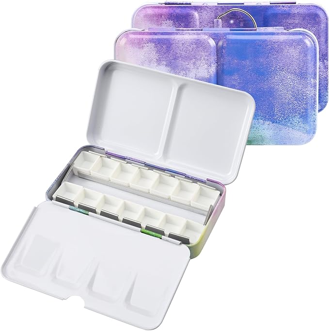 Empty Watercolor Palette Tin - Metal Watercolor Palette Empty with 14PCS Empty Half Pans - Watercolor Tin Suitable for Watercolor, Acrylic, Gouache, Oil Painting