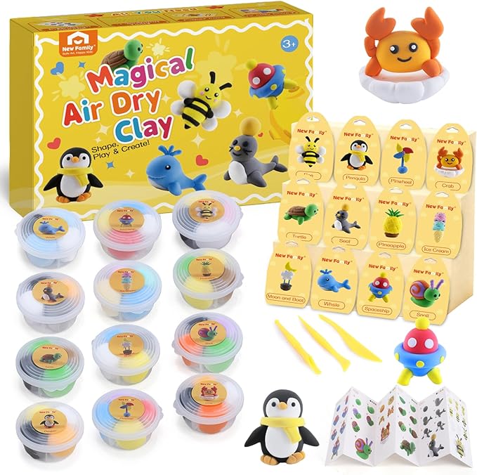 NewFamily Air Dry Clay Kit for Kids – 12 Easy Models, Soft & Non-Sticky Clay with Tools, Safe & Non-Toxic DIY Craft Set for Home, School, Parties & Gifts