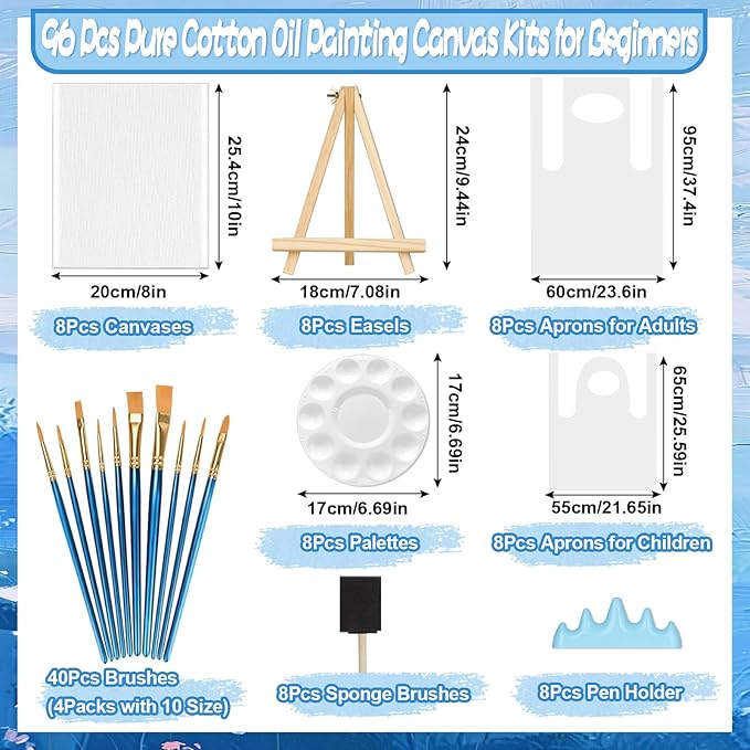 8 Pack Mini Canvas and Easel Set, 8×10 Inch Paint Party Kit Include 8 Small Easels 8 Color Palettes 8 Pen Holders 8 Sponge Brushes 16 Apron and 40 Brushes, Canvas Kit for Painting Party