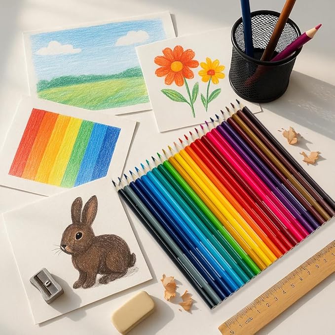 24 Colored Pencils Set – Soft Core, Pre-Sharpened, Break-Resistant – Ideal for Coloring Books, Drawing, Sketching, School Art Supplies (Classic Colors)