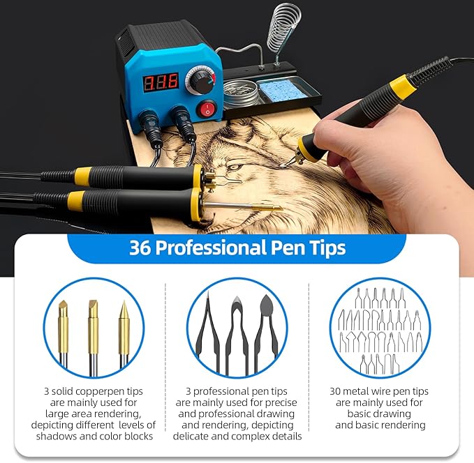 LH55-T2-NS3 Both ports are heating up simultaneously Wood Burning kit Wood Burning Tool Pen 200~750℃, with Digital Thermometer,3 pen, 3 solid copper pen tips, 33 Wood Burning Pen Tips