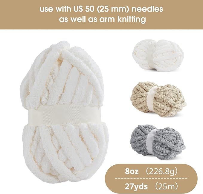 HOMBYS 12 Pack Chunky Yarn for Crocheting,Super Bulky Large Soft Fluffy Yarn,Plush Fuzzy Yarn,Thick Chenille Yarn for Hand Knitting/Arm Knitting,4 Cream,4 Light Grey,4 Khaki(Each 27yds,8 oz)