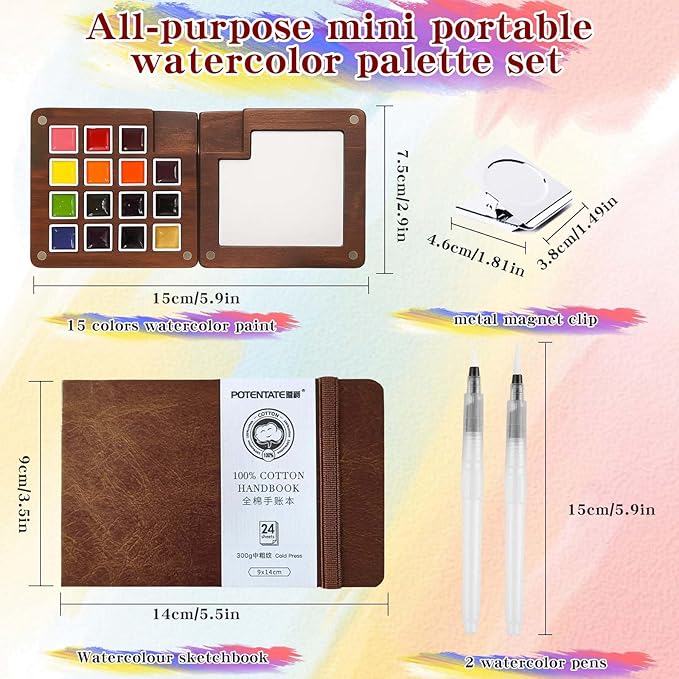 Mini Watercolor Paint Set - 15 Color Travel Watercolor Palette Set - Portable Water Color Paint Set with Watercolor Journal, Binder Clips,Pens,Storage Bag, Wooden Box for Beginners Painters Artists Student