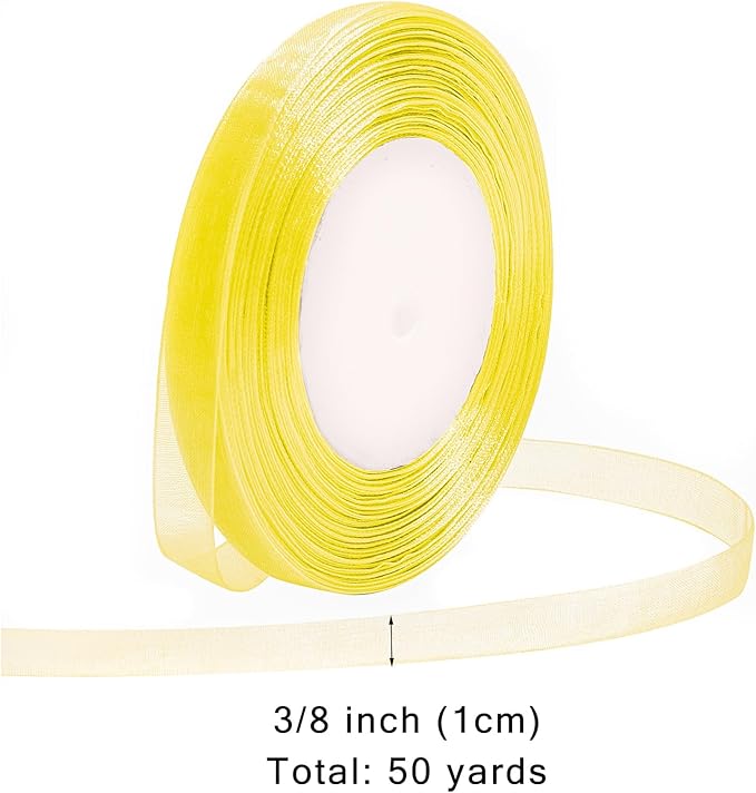 Yellow Ribbon for Gift Wrapping 3/8 inch Sheer Organza Ribbon for Flower Bouquet Tulle Chiffon Ribbons for Wedding Invitations Christmas Halloween Decorations Crafts 50 Yards