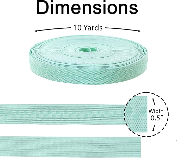 Mandala Crafts 0.5 Inch Elastic Silicone Gripper Tape for Clothing - 10 Yds Dotted Non Slip Elastic Band for Sewing - Mint Silicone Flat Fabric Stretchy Ribbon Straps