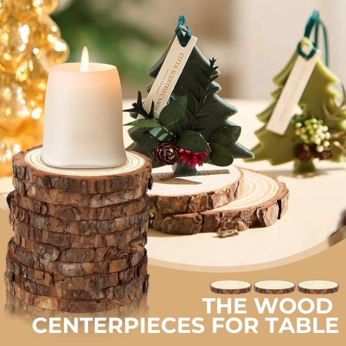 FSWCCK Unfinished Wood Slices for centerpieces,Round Wooden Discs with Tree Bark,Wood Cookies Circles for Crafts Christmas Ornaments,Wood Slice for Rustic Wedding Decoration (4"- 4 .7")