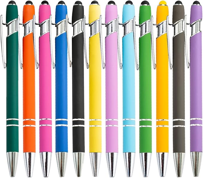 PASISIBICK 12 Pieces Ballpoint Pen with Stylus Tip, Metal, 2 in 1 Stylus Ballpoint Pen 1.0 mm Black Ink (Pack of 12) for Smartphone, Tablet