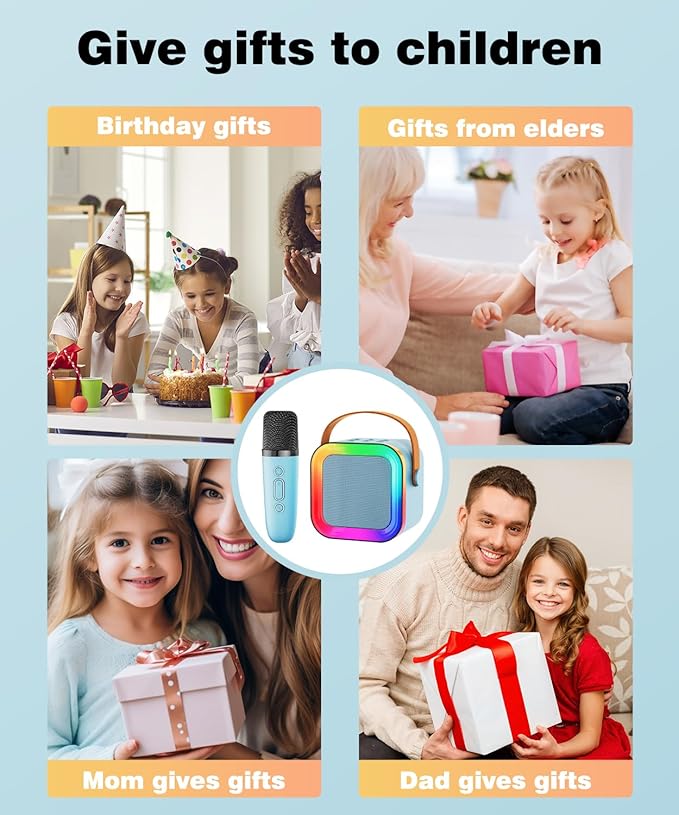 Mini Karaoke Machine Speaker for Kids Adults,Portable Bluetooth with 1-2 Wireless Microphones,Christmas Birthday Gifts Toys Girls Boys Ages 4, 5, 6,7, 8,9,10,11,12+ Years Old Toddler (Blue - 2 Mic)