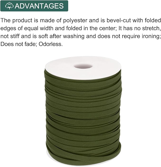 MECCANIXITY 1/4 Inch Double Fold Bias Tape Polyester Continuous Bulk Bias Tape for Sewing, Seaming Quilting Hemming Binding Crafts (Dark Green 100 Yards)