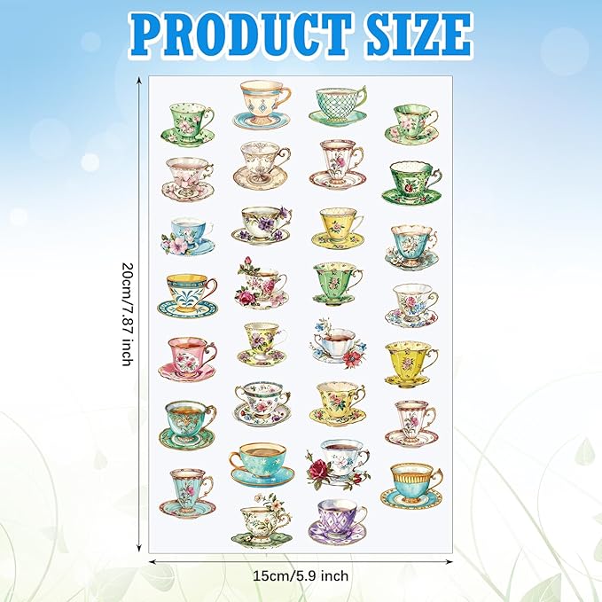 Humyoun 300 Pcs Tea Cup Stickers Rustic Mini Teacup Stickers Tea Time Party Favors Aesthetic Waterproof Vinyl Decals Pack for Water Bottles Scrapbooking Laptop Luggage Phone Skateboard