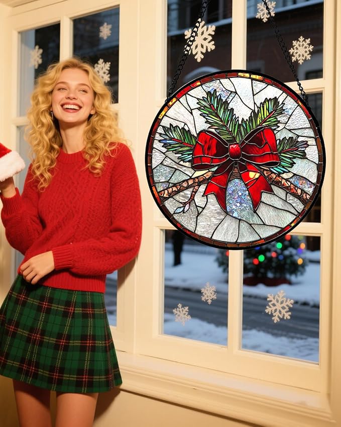 Stained Glass Window Hanging - Pine Branches Red Bow Suncatcher for Doors Home Christmas Decoration Silver Sun Catcher Thanksgiving New Year Birthday Gifts for Women Men Mom Nana 9.8 in