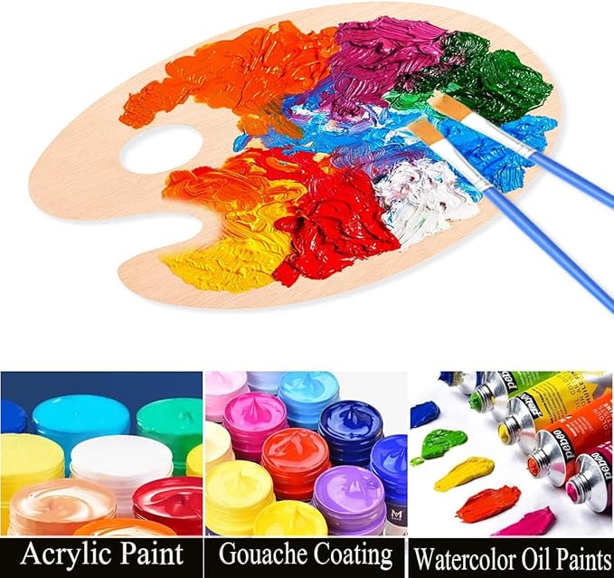 2 Pack Wooden Paint Palette - Wooden Oval-Shaped Artist Painting Palette with Thumb Hole - Wood Paint Color Mixing Tray - Easy Clean, Mix Acrylic, Oil, Watercolor