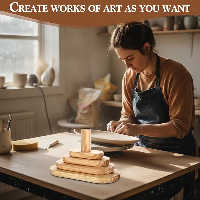 4 Pack Pottery Molds Plaster Molds Wood Pottery Tools with Handle for Ceramic Top Forms DIY Bowls Plate Dish Slump Press Art Making(Oval,12x6'' 10x5'' 8x4'' 6x3'' Thickness 1'')