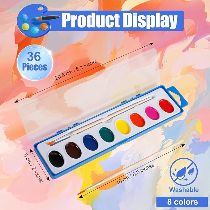 36 Pack Watercolor Paint Set Bulk,8 Colors Washable Paint Set for Kids and Adults,Water Color Paints with Brushes for Party Favors, Gifts, Art Activitie