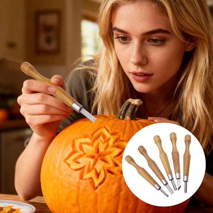 Wood Carving Tools Set, 5Pcs Hand Carving Knife Kit with Chisels and Gouges for Linocut, Printmaking, Woodblock, Pumpkin, and DIY Sculpture — Fit to Beginners & Experts