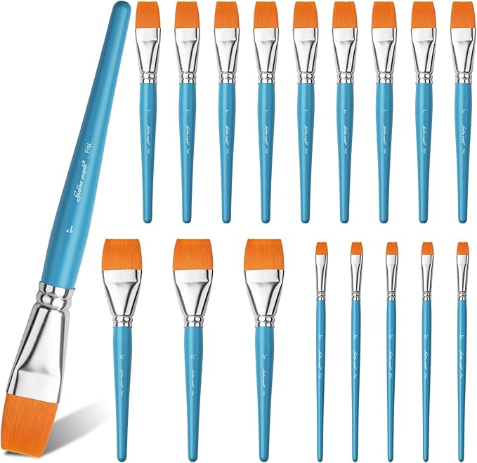Flat Paint Brushes for Acrylic Painting, Golden Maple 18 PCS Paint Brushes for Acrylic Painting Oil Watercolor & Canvas, Incluing 3pcs 1.5inch, 5pcs 1inch, 10pcs 1 inch Flat Brushes