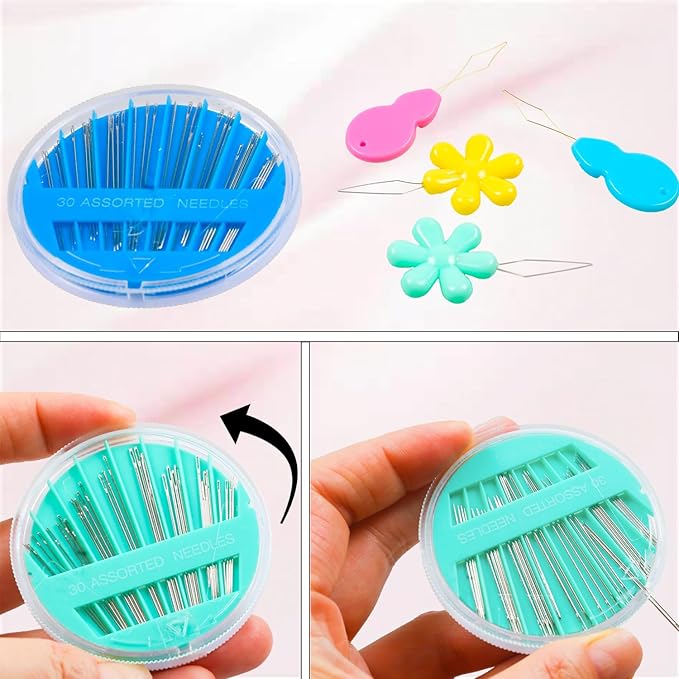 Hekisn 60-Pack Premium Hand Sewing Needles Set, 6 Sizes Embroidery Needles Kit with Threaders, Assorted Large Eye Sewing Needles for Repair, DIY, Art & Craft Projects(Green&Pink)