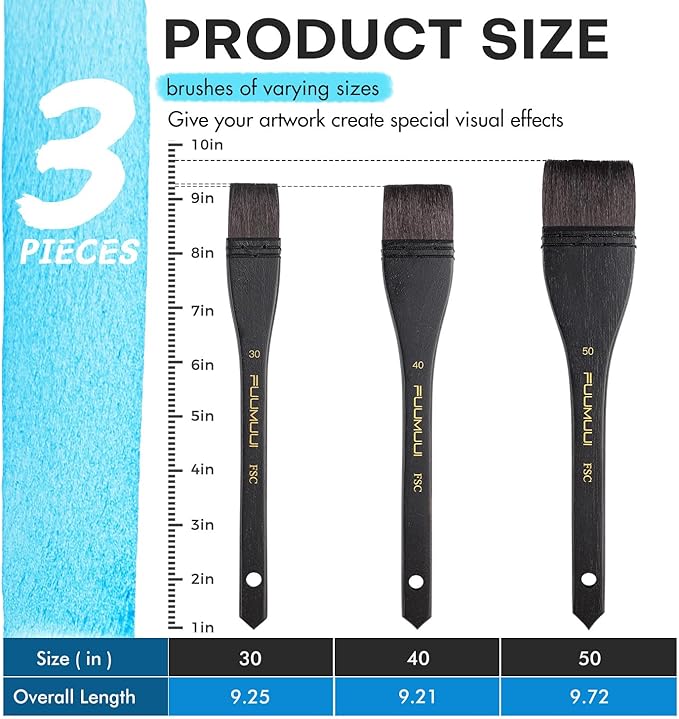 Flat Watercolor Brushes, 3pcs Professional Squirrel Hair Flat Hake Brushes Set, Artists Scale Large Paint Brush with Long Handle for Watercolor and Acrylic Paints