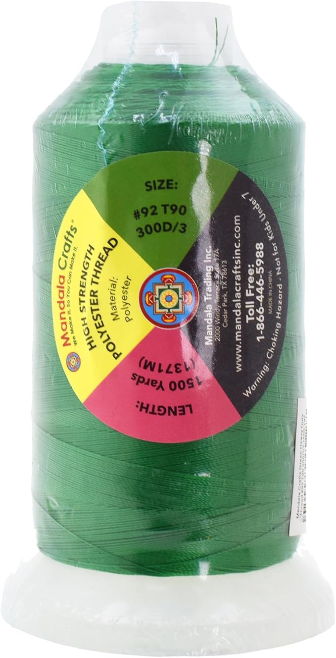 Mandala Crafts Green Heavy Duty Thread - 1500 Yds Tex 90 Bonded Polyester Threads for Sewing Drapery, Jeans, Leather, Hair, Outdoor Marine Upholstery