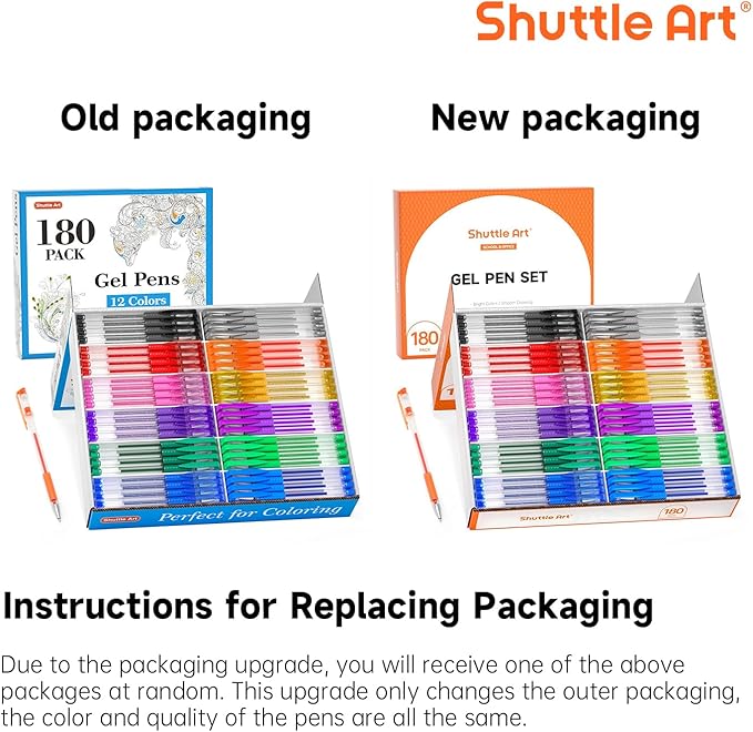 Shuttle Art Gel Pens, 180 Pack Gel Pens Set, 12 Assorted Colors Bulk Classroom Pack for Adults Coloring Books Drawing Doodling Crafts Journaling