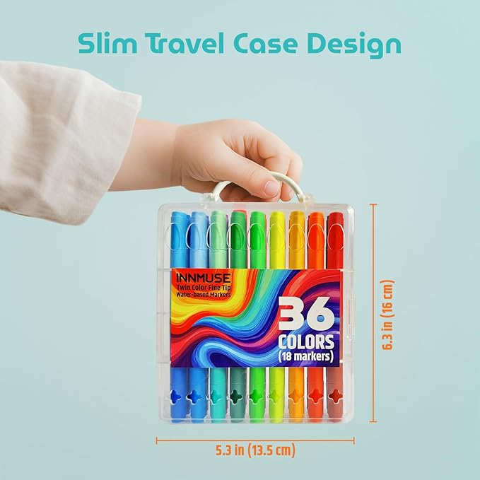 Double Sided Washable Mini Markers for Kids Ages 4–12, 36 Colors Non-Toxic Thin Markers with Travel Case,School & Travel Essentials