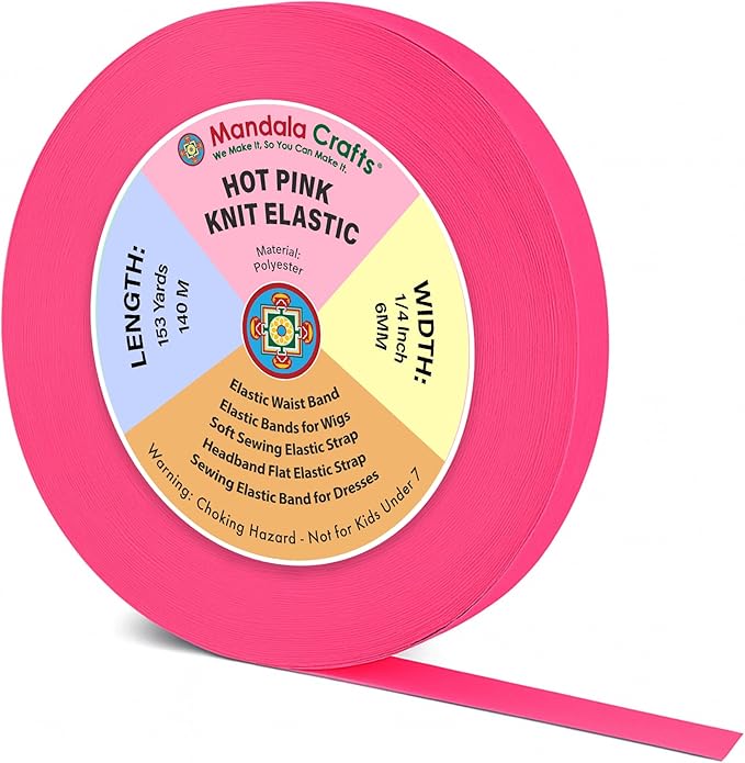 Mandala Crafts Wide 1/4 Inch Hot Pink Elastic Bands Spool for Pants Waistbands Sewing and DIY Crafts, 153 YD Stretchy Flat Fabric Strap Knit Elastic Band for Wig