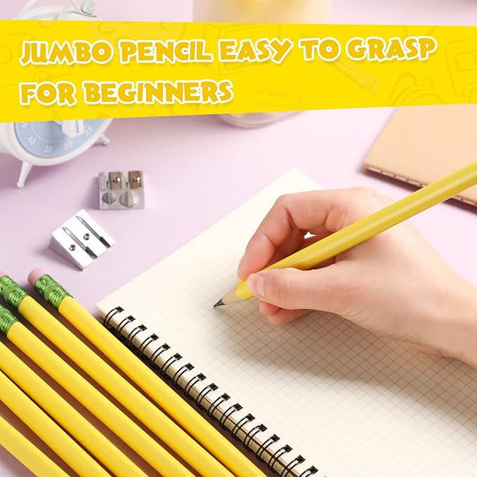 Fainne 102 Pcs Bulk Thick Jumbo Graphite Pencils Set 96 Fat Giant Large Pencils and 6 Sharpeners Enhanced Grip for Art Drafting Writing Drawing Office and Home Use(Yellow,Round)