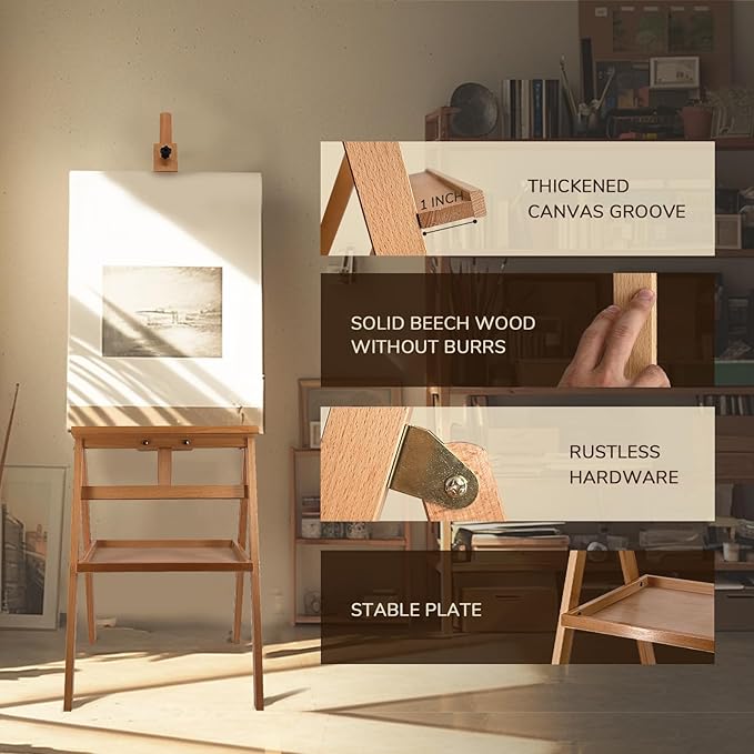 Solid Beech Wood Painting Easel with Storage Plate (60"~75" H), H-Frame Adjustable Art Wooden Easel Stand with Signature Plate for Adults, Students,Sturdy Canvas Holder up to 36''