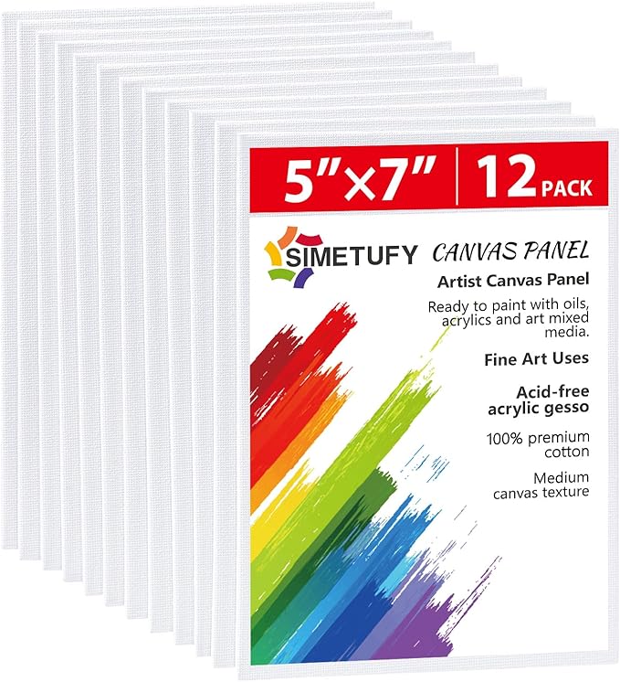 Simetufy 12 Pack 5x7 Inch Small Flat Canvas Boards for Painting, Gesso Primed Acid-Free 100% Cotton Blank Canvas Panels for Kids, Non Toxic
