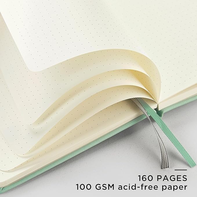 &And Per Se Dotted Journal Notebook, A5 Hardcover Leather Bullet Dotted Journal, 160 Pages 100 gsm Thick Paper, 3 Sheets of Stickers Included- 5.7'' x 8''（Light Green）