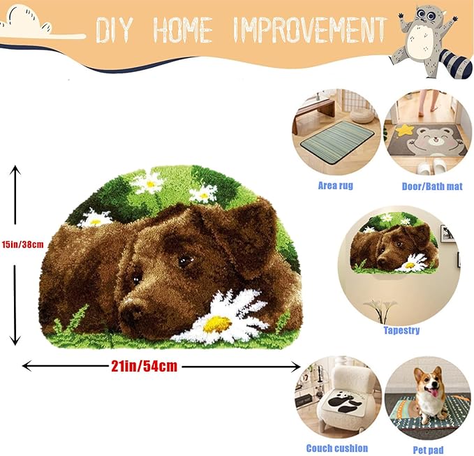EMISTEM Latch Hook Kits for Adults - DIY Latch Hook Rug Kits, Crochet Kit for Beginners, Rug Making Kits with Printed Canvas, Gift Packaging. (Dog in Flowers,15x21)