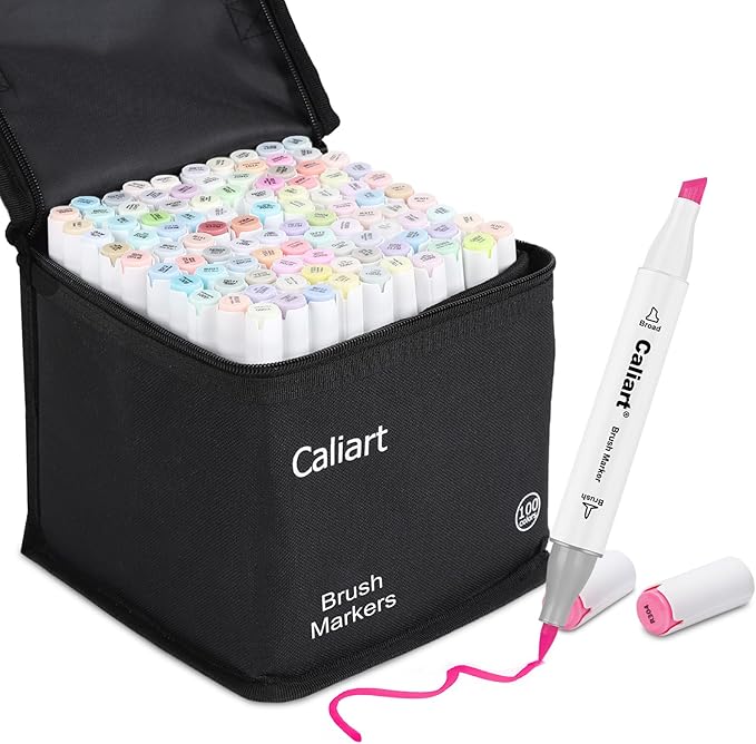 Caliart Pastel Alcohol Markers Brush Tip, 100 Colors Dual Tip Coloring Marker Pen Set Brush & Chisel, Art Supplies Gift for Adults Coloring Book Artists Sketch Drawing Illustration