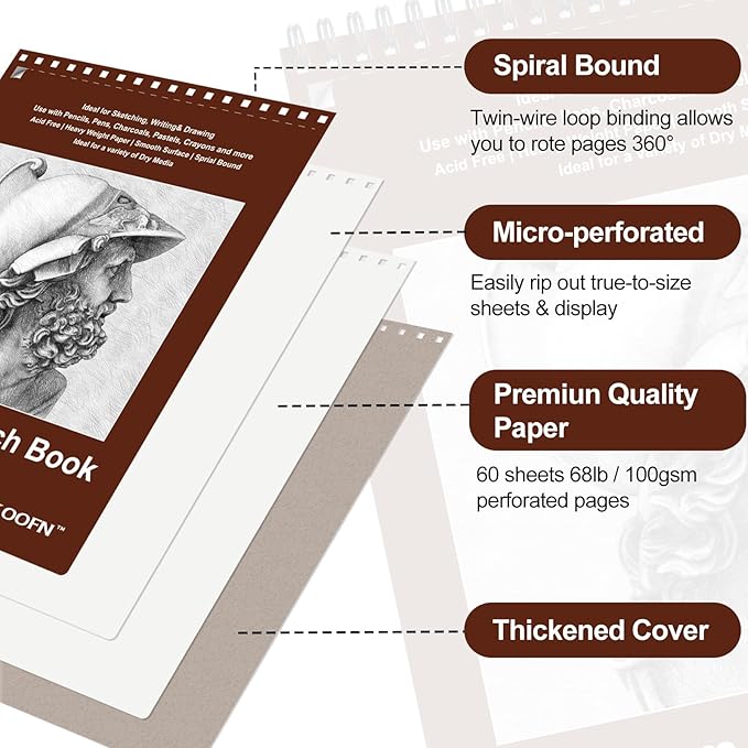 TKOOFN 8.5" x 11" Sketch Book, Pack of 10, 600 Sheet Top Spiral Bound Premium Sketchbook Drawing Pads(68lb/100gsm), Acid-Free Painting Paper Drawingbook for Adults Kids Artists Beginners