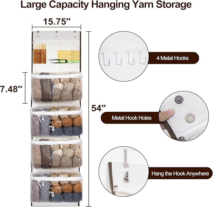 LoforHoney Home Yarn Storage, Hanging Yarn Storage Organizer with 5 Zipper Closure Compartments, Over the Door Yarn Storage Bag for Crochet Hooks and Yarn Balls, Clear Hanging Yarn Holder with 3 Hooks
