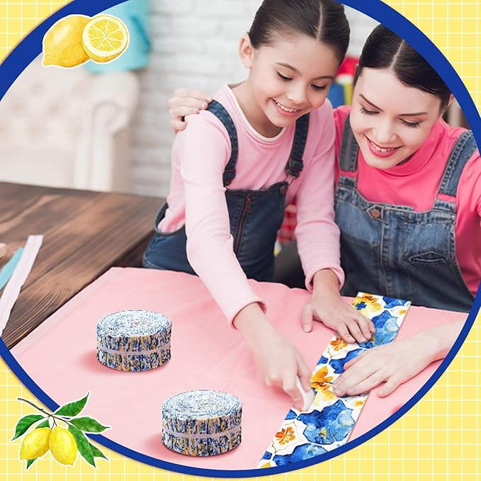Ganeen 100 Pcs Chinoiserie Lemon Quilting Fabric Roll 2.56 Inch Fabric Squares Jelly Patchwork Precut Strips Bundles for Holiday Materials Craft DIY Sewing Cloths