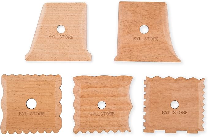 Byllstore Pottery Ribs & Trimming Tools | 2 Foot Shaper Tools | 4 Clay Texture Ribs | Solid Beech Wood | Several Pack Options (2-Pack)