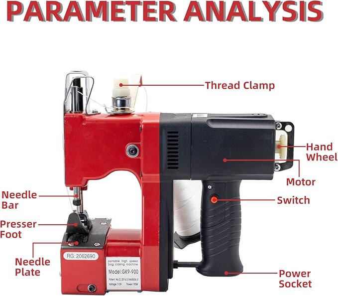 Electric Bag Sewing Machine - Ind. Handheld Bag Closer & Closing Stitcher GK9-900 for Woven Rice & Leather Bags