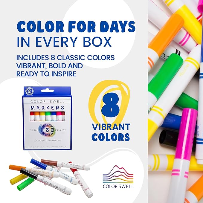 Color Swell Washable Bulk Markers 10 Boxes of 8 Vibrant Colors Are Perfect for Teachers, Kids, Parties, and Classrooms