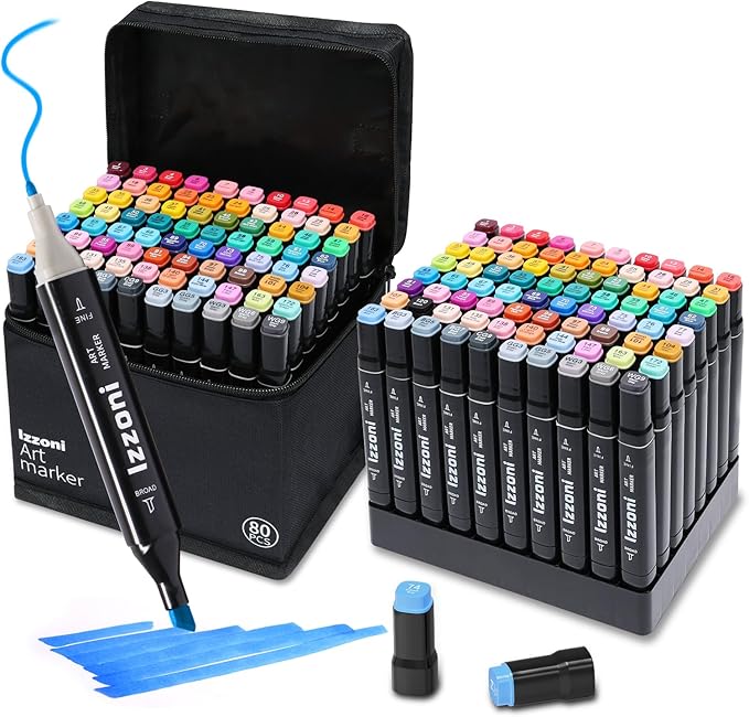 80 Colors Alcohol Markers Set, Dual Tip (Fine & Chisel) Coloring Markers, Permanent Art Drawing Marker for Kids Sketching Adult Coloring with Case and Holders (80 Colors - Black)