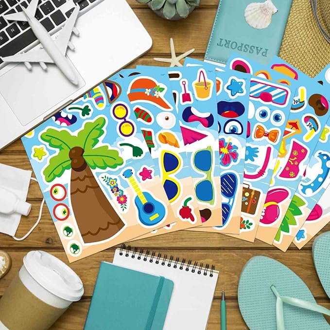 24 Sheets Summer Make a Face Sticker Hawaii Tropical Pool Beach Stickers for Kids, Make Your Own Watermelon Pineapple Flamingo Stickers, Summer Holiday Party Favors