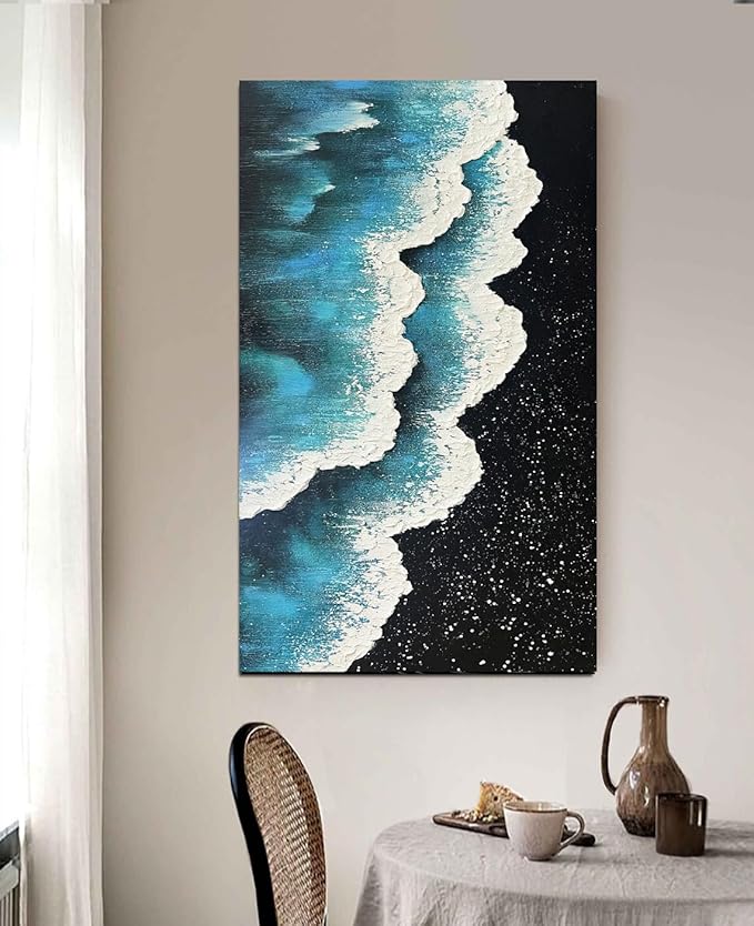 YaSheng Art - Oil Painting on Canvas Texture Black and White Blue Ocean scenery sandbeach 3D Oil Painting Hand-Painted Abstract Artwork Paintings Modern Home Decor Living room sofa bedroom dining room hanging pictures Canvas Wall Art 24x48inch