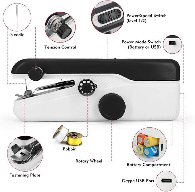 Handheld Sewing Machine, Mini Portable Sewing Machine for Beginners, Electric Fast Stitching, DIY Fabric Clothes Repair Kit, Home Travel Mending Machine with Accessories